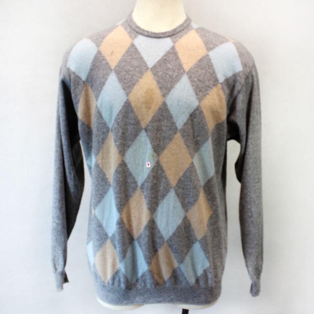 Ike Behar Wool Cashmere Blue Argyle Crew Neck Pullover Sweater XL